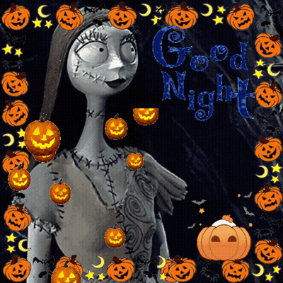 A Sally From The Nightmare Before Christmas Is Surrounded By Pumpkins And The Words Good Night GIF