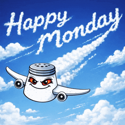 A Salt Shaker Is Flying Through The Air With The Words Happy Monday Written In The Clouds GIF