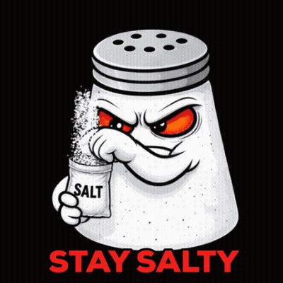 a salt shaker with an angry face and red eyes holding a bag of salt