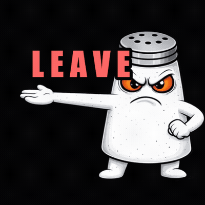 A Salt Shaker With An Angry Face And The Word Leave In Red GIF