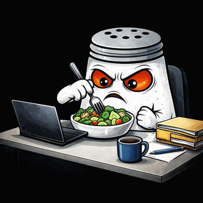 A Salt Shaker With An Angry Face Is Eating A Salad With A Fork GIF