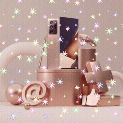A Samsung Phone Sitting On Top Of A Podium Surrounded By Colorful Stars GIF