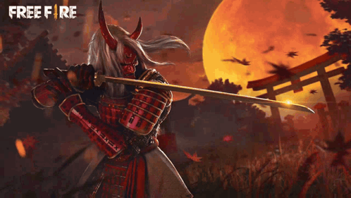 A Samurai Holding A Sword In Front Of A Full Moon With Free Fire Written On The Bottom Right GIF