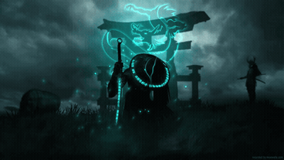 A Samurai Holding A Sword In Front Of A Glowing Dragon With Chinese Writing On It GIF