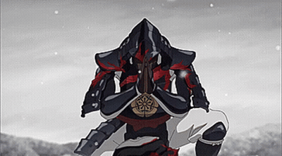 A Samurai In Armor Is Kneeling Down In The Snow While Praying . GIF