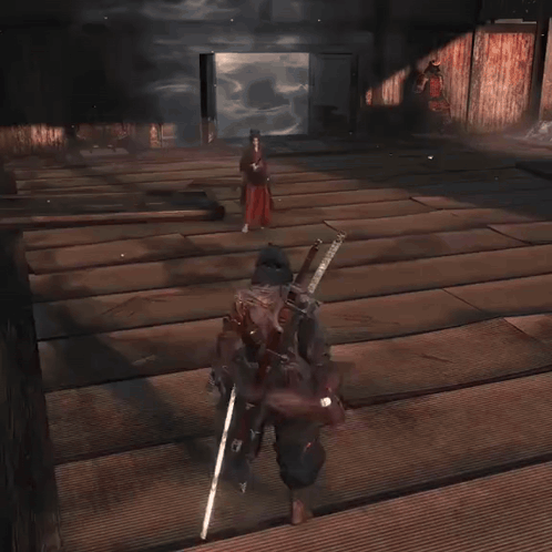 A Samurai Is Holding A Sword In A Video Game While Standing In A Field . GIF