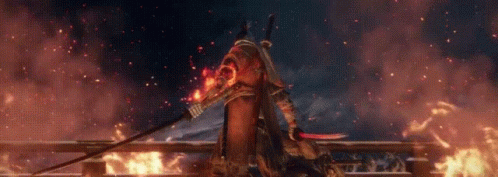 A Samurai Is Standing In Front Of A Fire With A Sword In His Hand . GIF