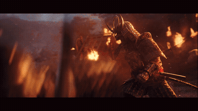 A Samurai Stands In Front Of A Bridge With A Sword In His Hand GIF