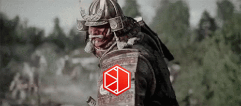A Samurai Wearing A Helmet And Armor With A Red Cube On His Sleeve GIF