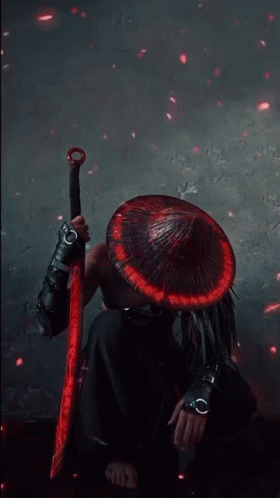 A Samurai With A Red Hat And A Red Sword GIF