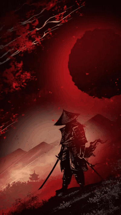 a samurai with a sword and a hat is standing on top of a hill with a large rock in the background .