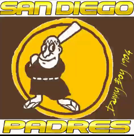 A San Diego Padres Logo With A Baseball Player In A Yellow Circle GIF