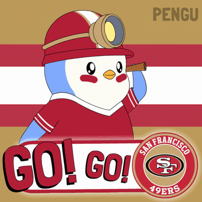 A San Francisco 49Ers Poster With A Penguin Wearing A Helmet GIF