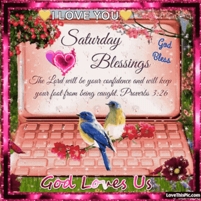 A Saturday Blessings Card With Two Birds On A Laptop GIF