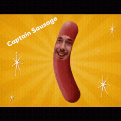 A Sausage With A Man 'S Face On It And The Words Captain Sausage Below It GIF