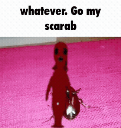 A Scarab Is Standing On A Pink Carpet And Says `` Whatever Go My Scarab '' . GIF