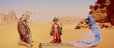 A Scene From The Movie Aladdin Shows A Man Standing Next To A Carpet And A Genie Saying The Lines Are All Wrong GIF