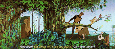 A Scene From The Movie Sleeping Beauty With A Man Standing On A Tree Branch GIF