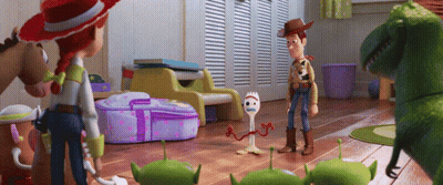 A Scene From The Movie Toy Story With Woody Jessie Rex And Forky GIF
