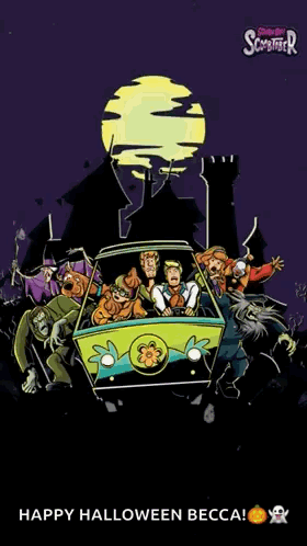 A Scooby Doo Poster That Says Happy Halloween Becca On The Bottom GIF
