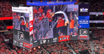 A Scoreboard At The Xfinity Mobile Arena Shows A Score Of 202 To 50 GIF