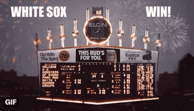 A Scoreboard With The Words White Sox Win On Top GIF