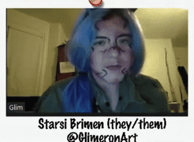 A Screen Shot Of A Person With Blue Hair And The Words Starsi Brimen ( They / Them ) At The Bottom GIF