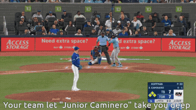 A Screen Shot Of A Stadium With The Words " Your Team Let Junior Caminero Take You Deeper " At The Bottom GIF