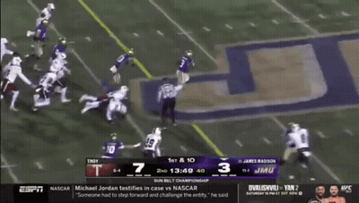 A Screen Shows A Football Game Between Troy And Jmu GIF