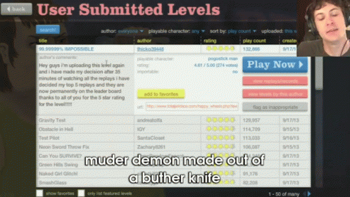 A Screen Shows A List Of User Submitted Levels And A Play Now Button GIF