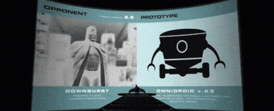 A Screen Shows A Man And A Robot With The Words " Opponent " And " Prototype " GIF