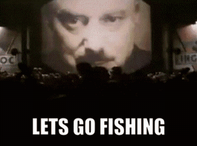 A Screen With A Man 'S Face On It And The Words Lets Go Fishing GIF