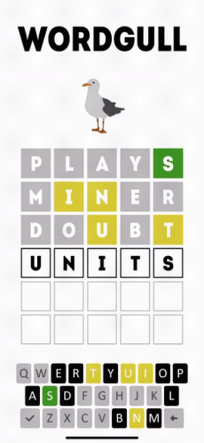 A Screenshot Of A Game Called Wordgull With A Seagull In The Middle GIF