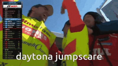 A Screenshot Of A Race With The Words Daytona Jumpscare On The Bottom GIF