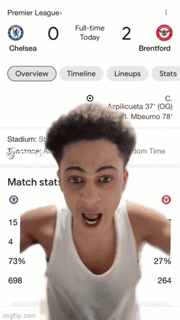 A Screenshot Of A Soccer Game Between Chelsea And Brentford With A Man Making A Funny Face GIF
