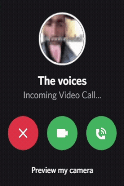 A Screenshot Of A Video Call With The Words " The Voices Incoming Video Call ... Preview My Camera " GIF