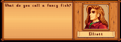 A Screenshot Of A Video Game Asking What Do You Call A Fancy Fish Elliott GIF