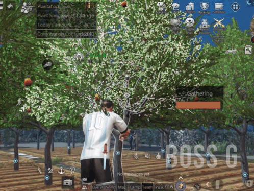 A Screenshot Of A Video Game Called Boss G Shows A Man Picking Apples From A Tree GIF