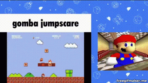 A Screenshot Of A Video Game Called Gomba Jumpscare With A Picture Of Mario On The Bottom . GIF