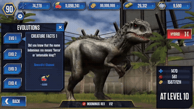 A Screenshot Of A Video Game Called Jurassic World Showing A Dinosaur At Level 10 GIF