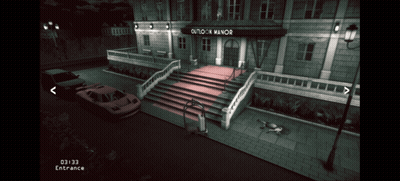 A Screenshot Of A Video Game Showing The Entrance To A Manor GIF