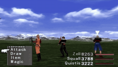 A Screenshot Of A Video Game Shows A Battle Between Zell 8263 And Quistis 3223 GIF