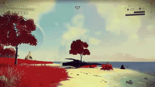A Screenshot Of A Video Game Shows A Beach And Trees GIF