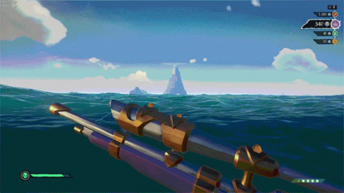A Screenshot Of A Video Game Shows A Boat In The Ocean With A Mountain In The Distance GIF