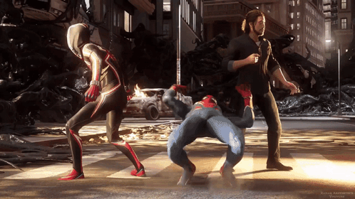 A Screenshot Of A Video Game Shows A Group Of Superhero Characters Including Spider-Man GIF