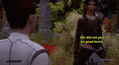 A Screenshot Of A Video Game Shows A Man And A Woman Talking And The Woman Says We Did Not Part On Good Terms GIF
