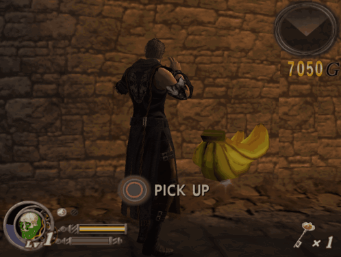 A Screenshot Of A Video Game Shows A Man Holding A Banana And A Pick Up Button GIF