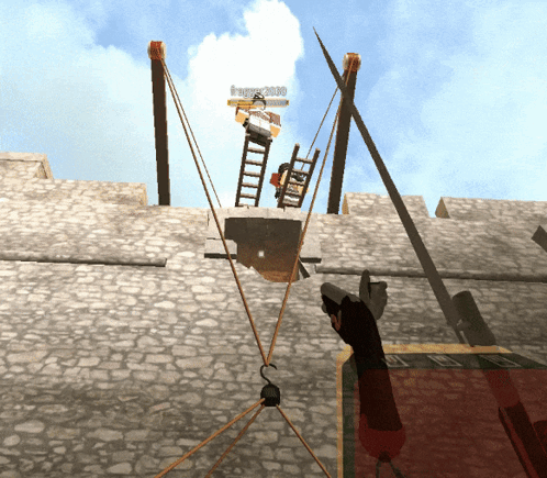 A Screenshot Of A Video Game Shows A Man On A Ladder With A Username That Starts With The Letter B GIF