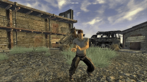 A Screenshot Of A Video Game Shows A Man Standing In Front Of A Building And A Truck GIF