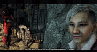A Screenshot Of A Video Game Shows A Man Talking To A Woman Behind Bars GIF